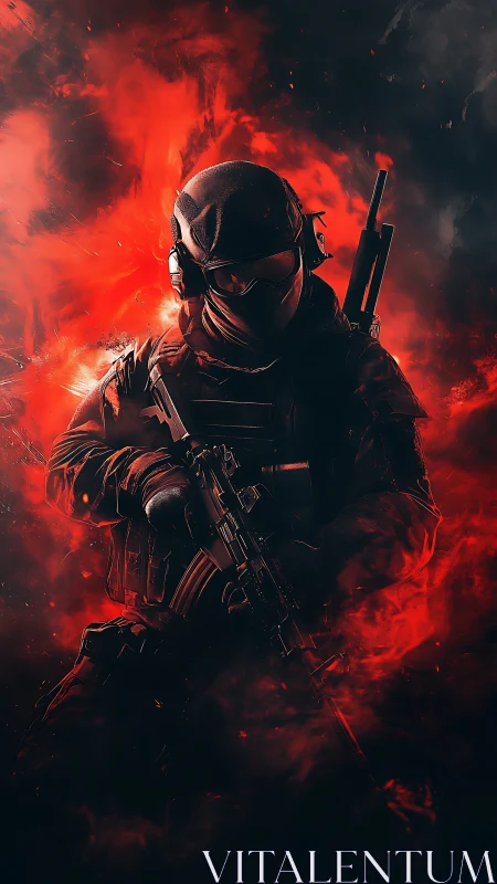 Armored tactical soldier emerges from blazing red inferno