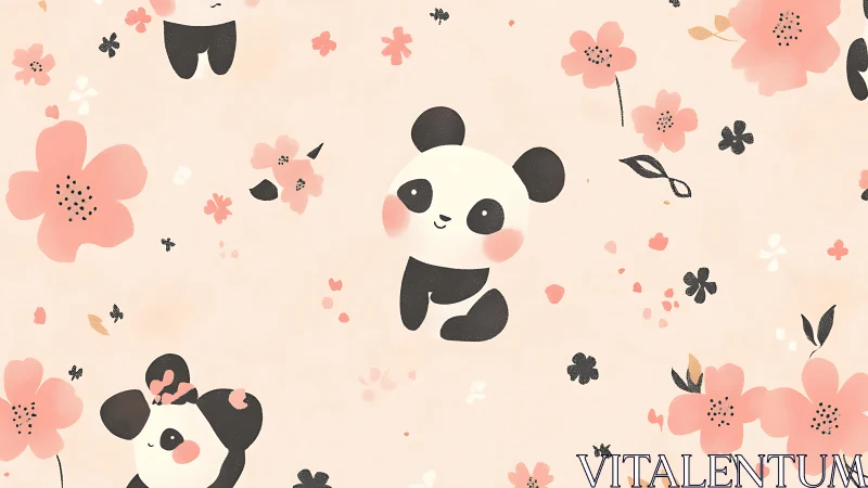 Playful cartoon pandas with soft pink floral pattern.