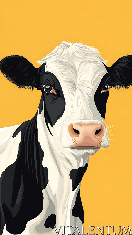 Holstein cow portrait on flat yellow background illustration.