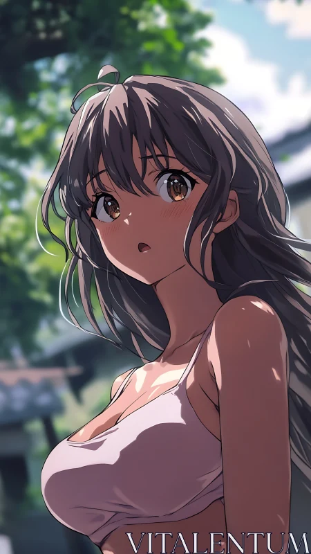 Anime girl in white top standing outdoors in sunlight.