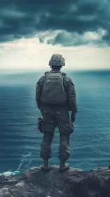 Soldier in combat gear standing on cliff above rough sea.