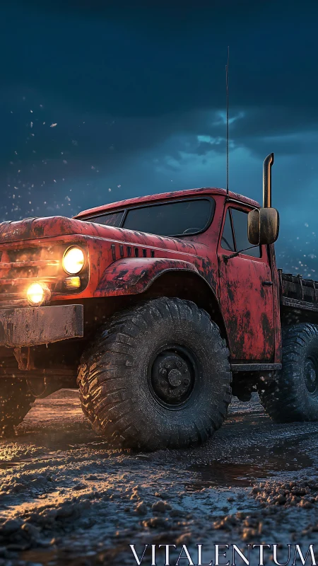 Weathered red truck glowing warmly in the muddy twilight.