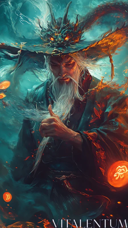 Dragon-crowned mage commands swirling elemental fire and mist.