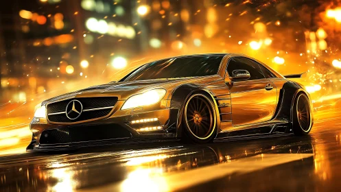 Golden night drive with a sleek city racing machine.