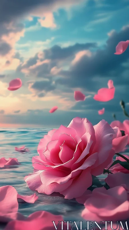 Pink rose floating on reflective sea beneath pastel sky.