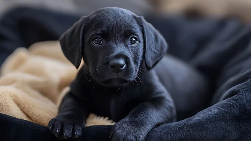 Gentle black puppy rests on soft blankets and meets your gaze