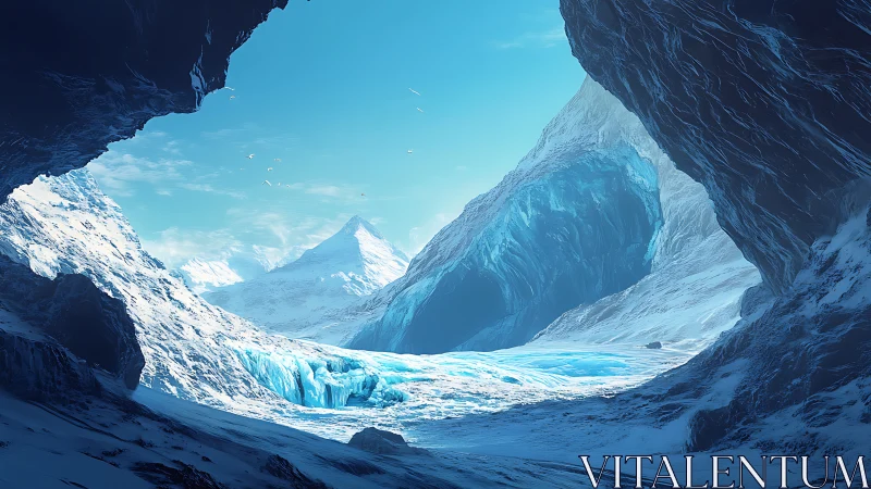 Glacial mountain basin viewed from within rocky ice cave.