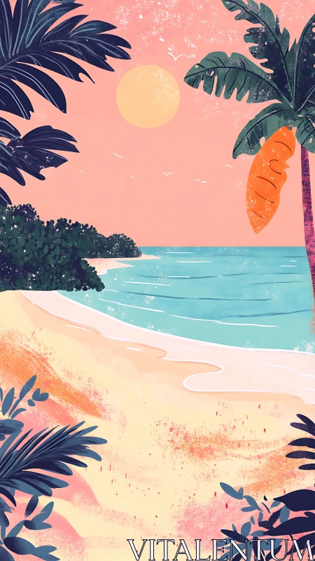 Tropical Shoreline with Warm Palette Digital Beach Illustration