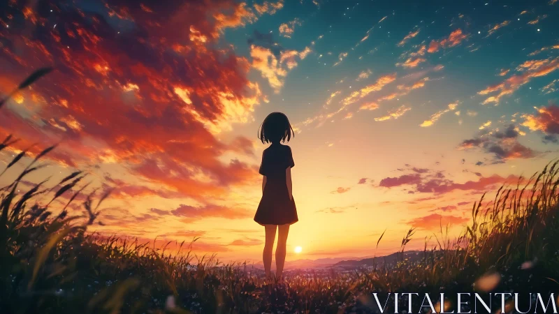 Silhouetted girl observing vivid sunset sky over field.