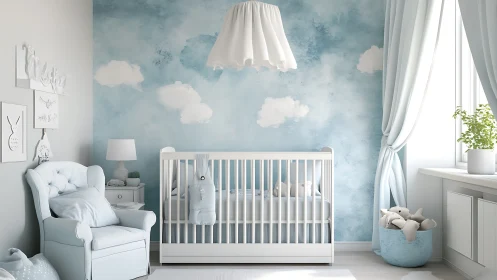 Aerated pastel nursery with cloud mural and controlled daylighting.