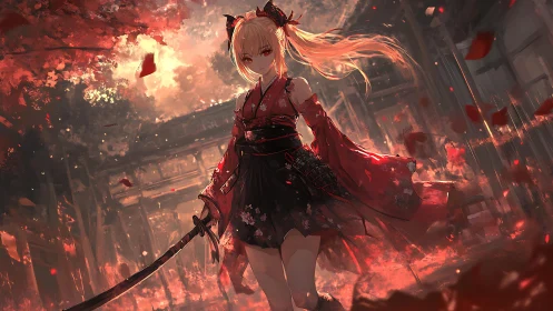 Fierce kimono warrior strolling through glowing crimson dusk.