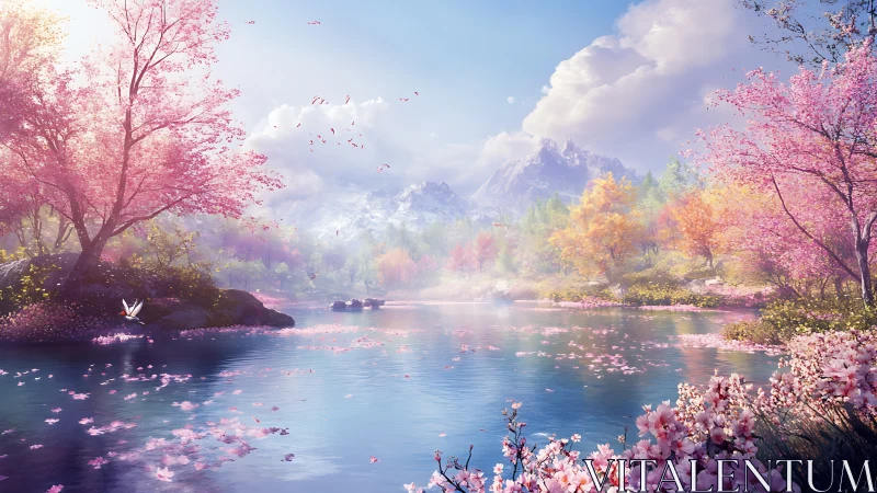 Spring lake landscape with blossoms, forest and mountains.