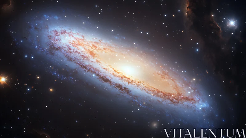 Edge-on spiral galaxy rendered with high dynamic range contrast