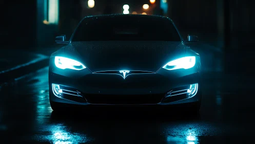 Low key nighttime EV front view with high contrast LED headlamps