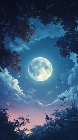 Moonlit forest window opening onto a peaceful night sky.