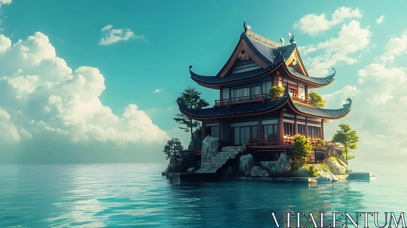 Asian Pagoda Tower on Island in Turquoise Water.