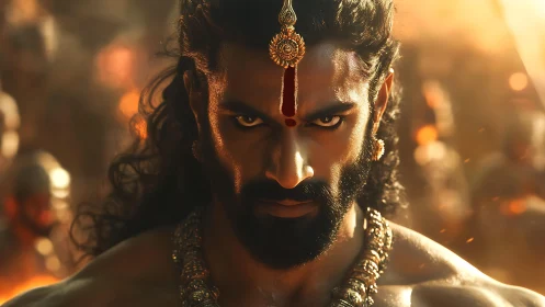 War-gazed warrior prince in molten dusk glare of destiny.