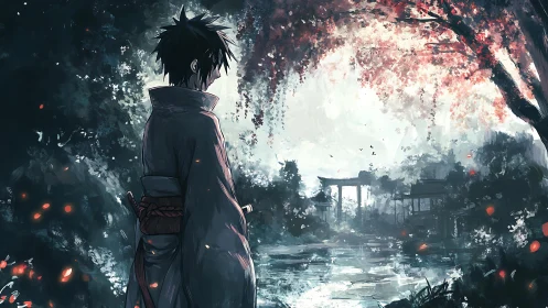 Solitary wanderer beneath luminous sakura horizon.