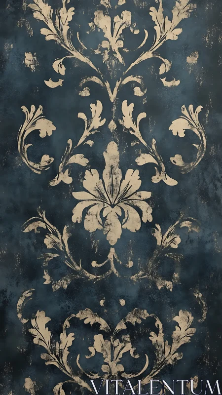 Vintage damask wall pattern with distressed blue background.