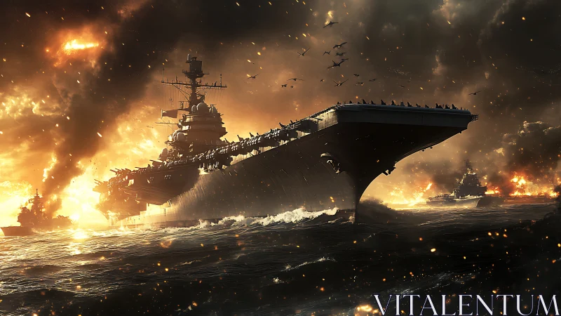 War-torn carrier cutting through a storm of molten sky.