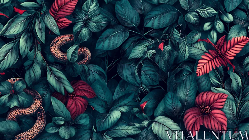 Coiled snake hides among teal jungle leaves and red flowers