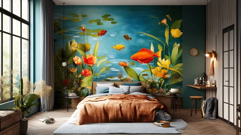 Vibrant koi mural accent wall in modern light-filled bedroom
