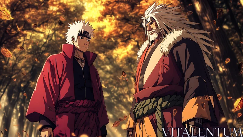 Two anime warriors in autumn forest standoff scene.