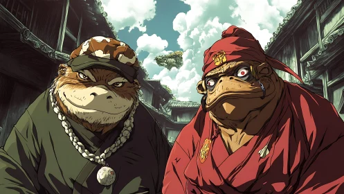 Streetwise toad monks in drifting-temple alleyway standoff.