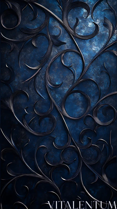 Dark metallic floral scrollwork overlays textured blue background