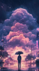 Rainlit crossroads beneath a towering cotton candy cloud.