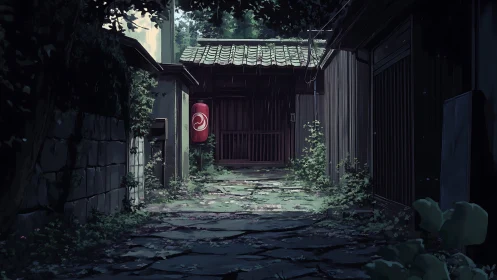Narrow stone alley leads to wooden gate with red lantern