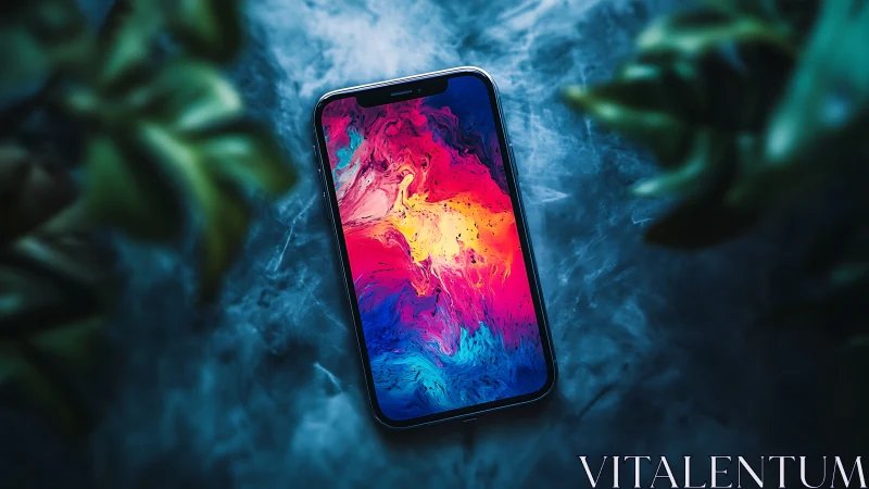 Smartphone with vibrant liquid color display on textured backdrop.