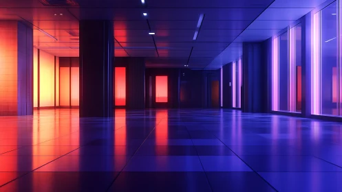 Modern Interior Space with Red and Blue Neon Lighting