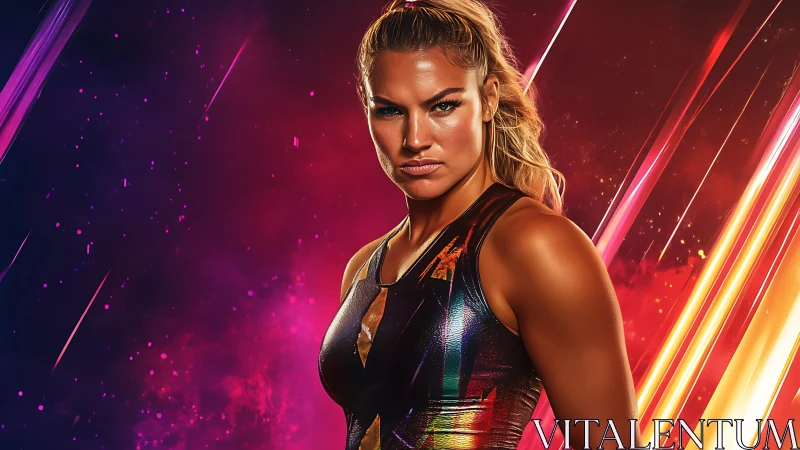 Spectral-lit female athlete in chromatic neon combat portrait.