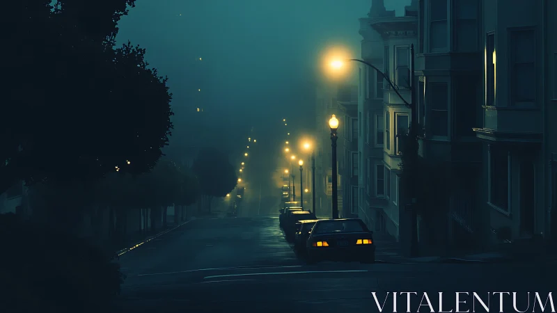Foggy urban street at night with parked cars and lights.