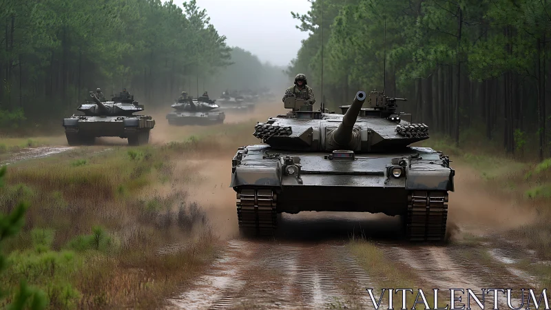 Military tank convoy traverses muddy forest terrain in formation.