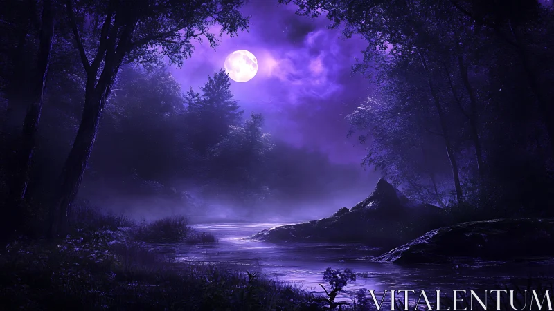 Moonlit forest river glows beneath a deep violet night sky