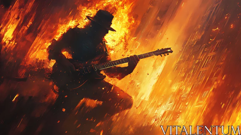 Silhouetted Guitarist Engulfed in Inferno with Dynamic Flame Effects