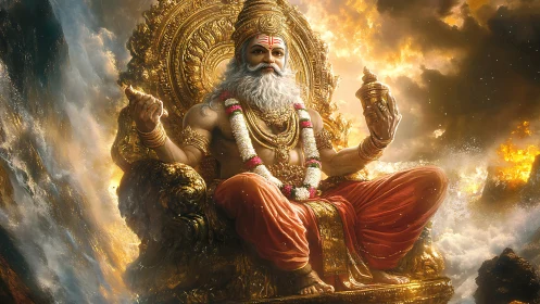 Divine sage enthroned on ornate golden seat amid celestial clouds