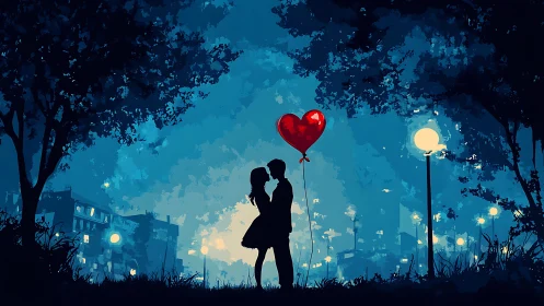 Midnight Romance: Silhouette Couple with Heart Balloon.