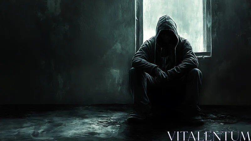 Solitary hooded figure in rainlit abandoned interior scene.