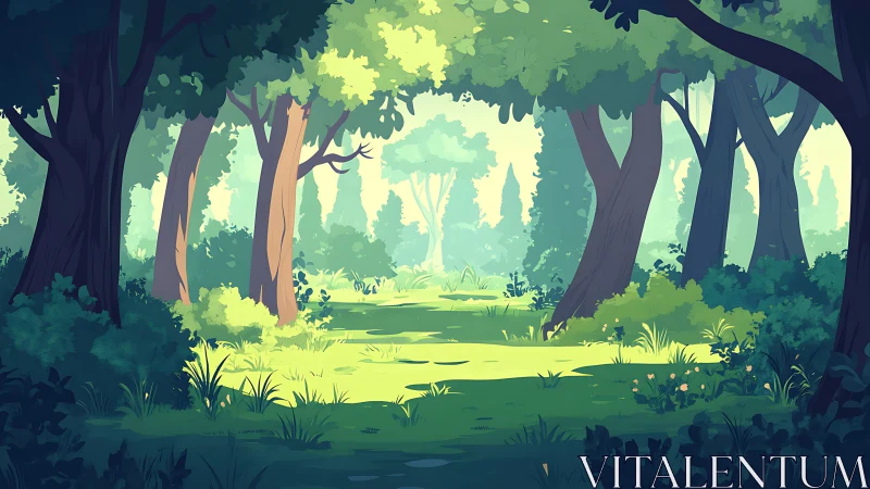 Sunlit Forest Clearing with Ancient Trees and Verdant Undergrowth.