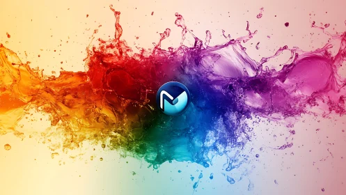 Exploding rainbow splash bursts around a sleek circular logo