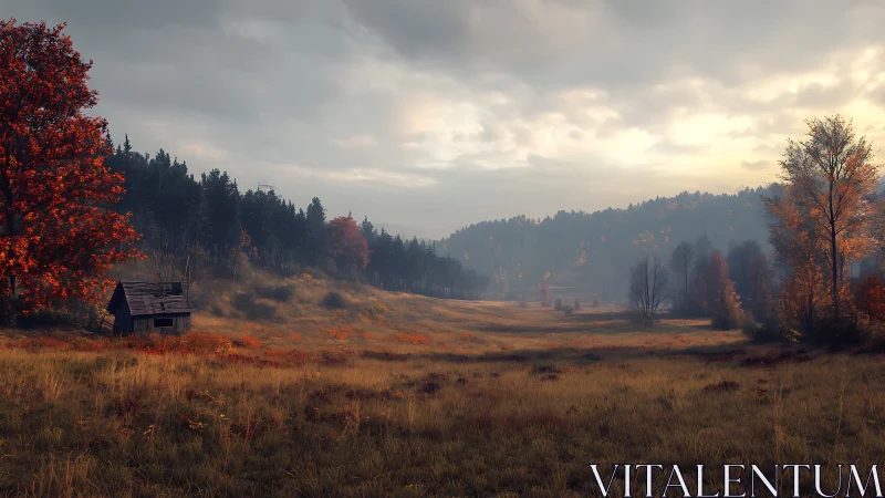 Autumn meadow under overcast sky with misted forested hills receding