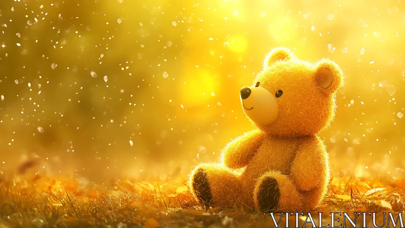 Golden teddy bear rests in dreamy autumn sunlight glow.