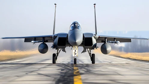 Military jet front view taxiing on runway in clear weather