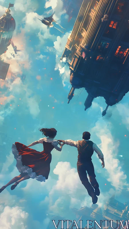 Two figures suspended in sky with floating city structures.