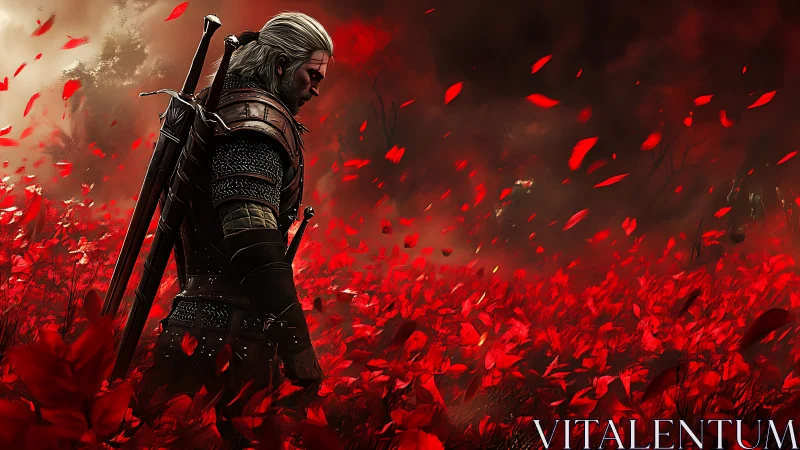 Armored swordsman stands in dense red foliage under dark sky