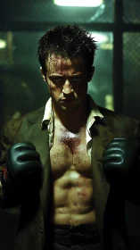 Bloodied boxer in dimly lit ring environment.