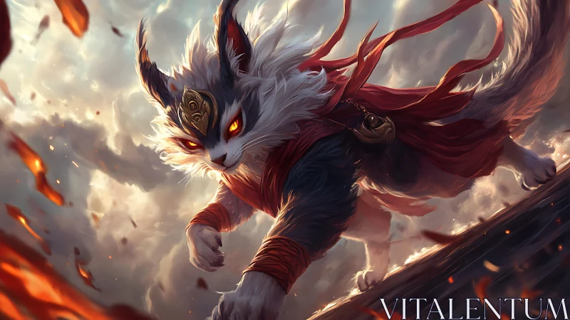 Dynamic fantasy fox warrior in airborne diagonal composition.